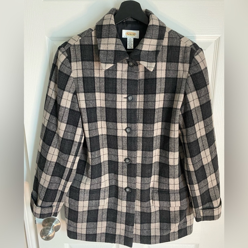 Talbots Petites Womens Lightweight Wool Blend Black/Gray/Beige Plaid Jacket Sz S
